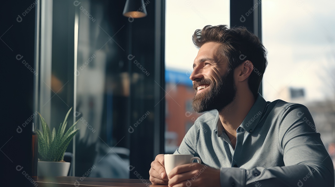 Jovem bonito sorrindo alegremente sentado em uma cafeteria