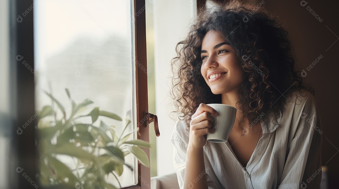 Uma bela jovem sorrindo segurando uma xícara tomando café em uma cafeteria