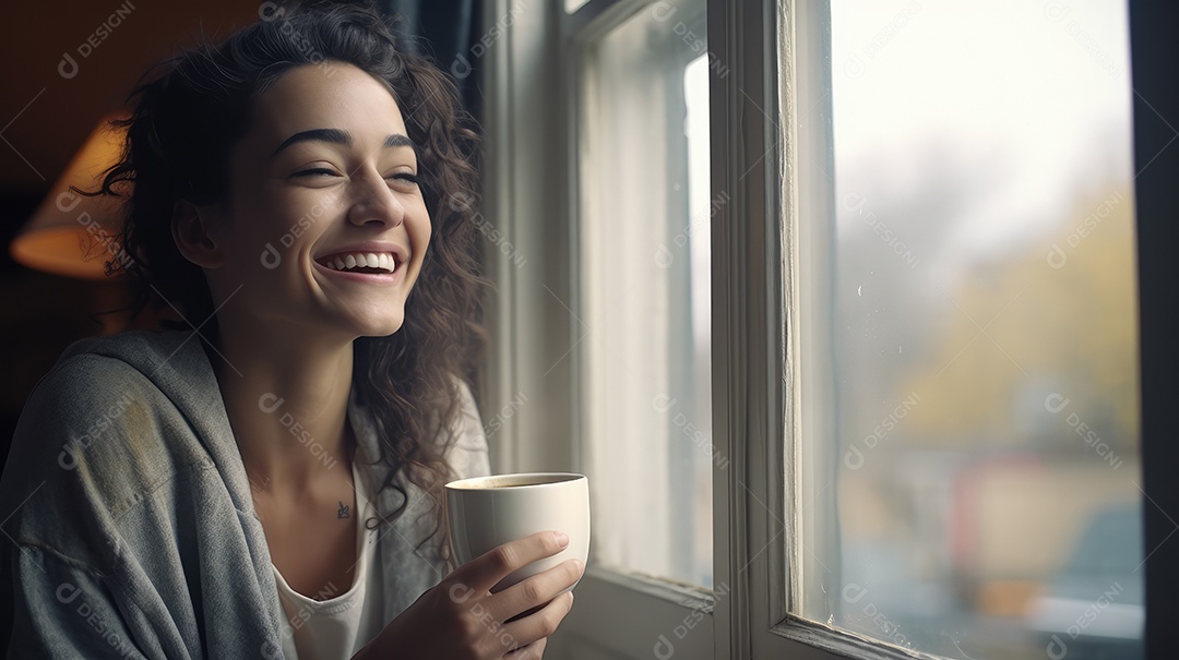 Uma bela jovem sorrindo segurando uma xícara tomando café em uma cafeteria