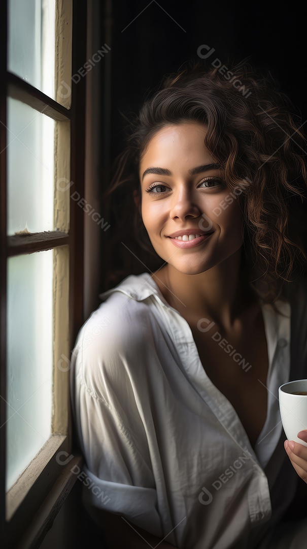 Uma bela jovem sorrindo segurando uma xícara tomando café em uma cafeteria