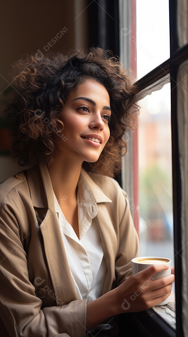 Uma bela jovem sorrindo segurando uma xícara tomando café em uma cafeteria