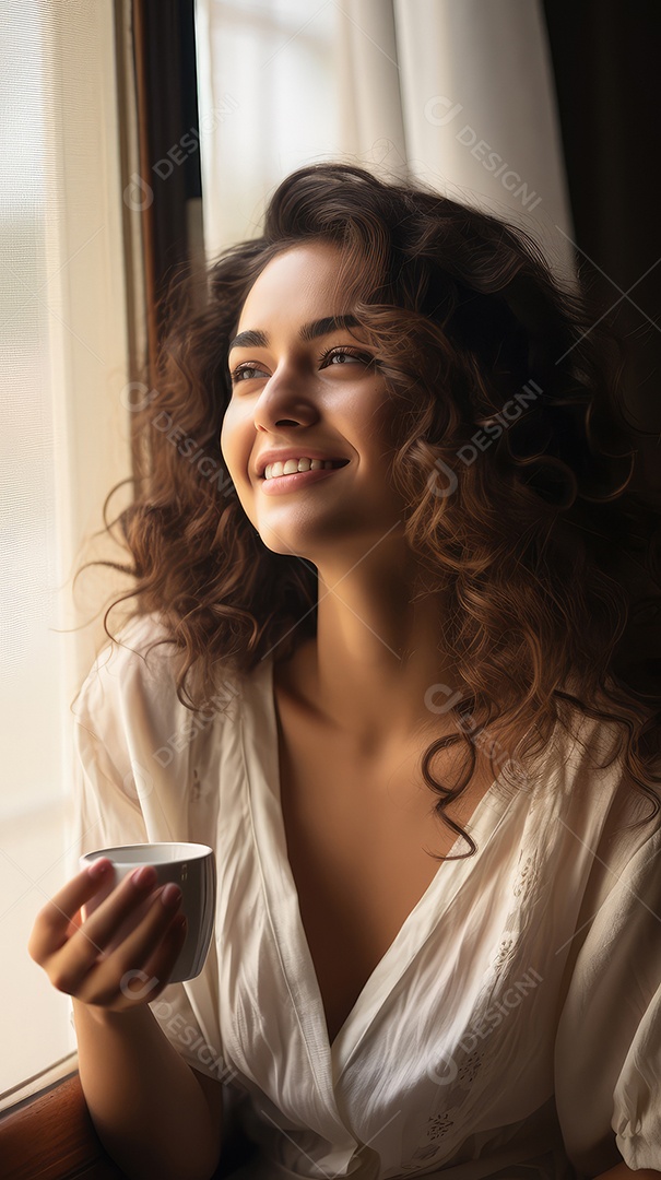 Uma bela jovem sorrindo segurando uma xícara tomando café em uma cafeteria