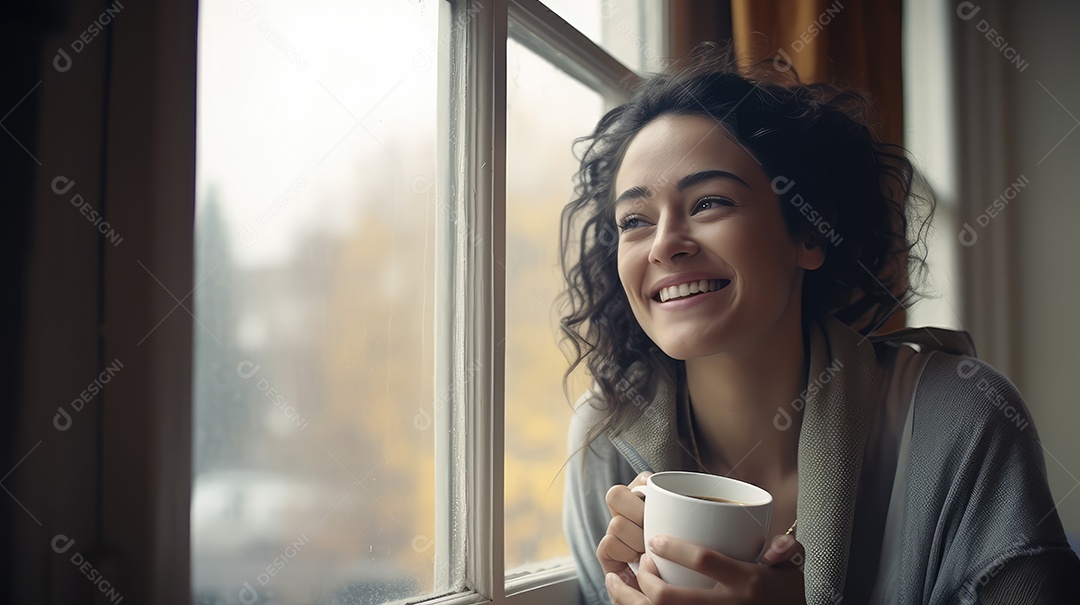 Uma bela jovem sorrindo segurando uma xícara tomando café em uma cafeteria