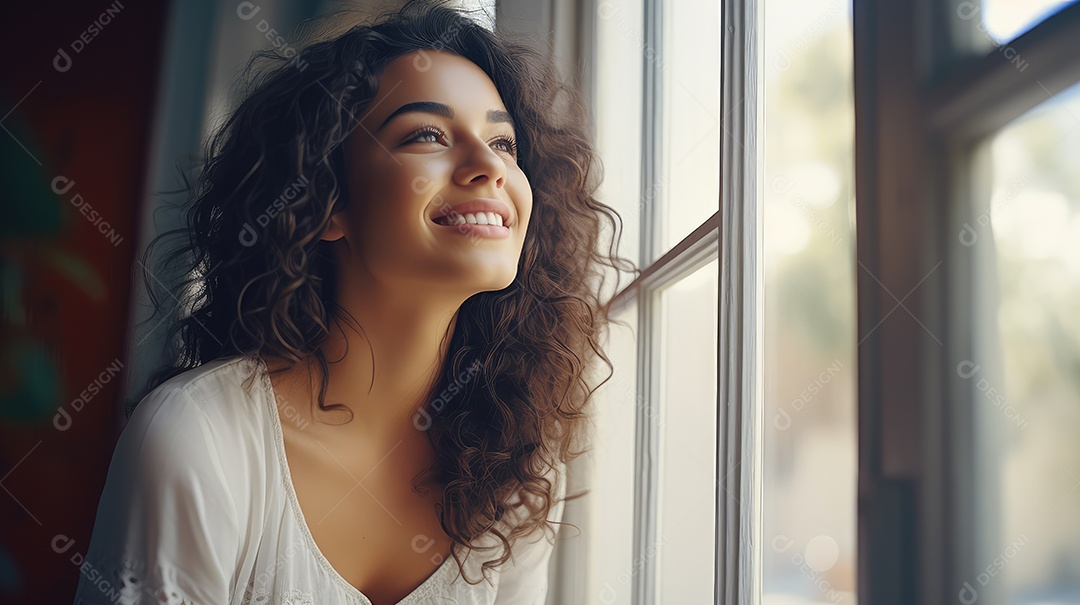Uma bela jovem sorrindo segurando uma xícara tomando café em uma cafeteria