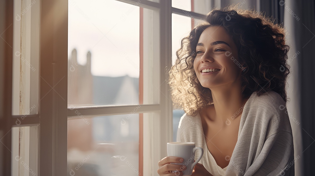 Uma bela jovem sorrindo segurando uma xícara tomando café em uma cafeteria