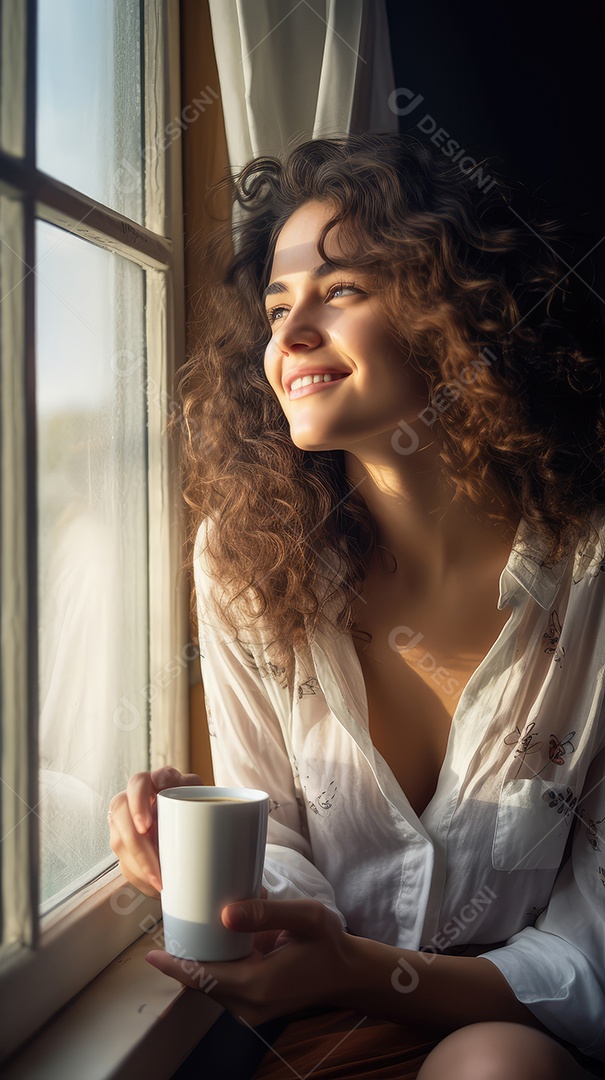 Uma bela jovem sorrindo segurando uma xícara tomando café em uma cafeteria