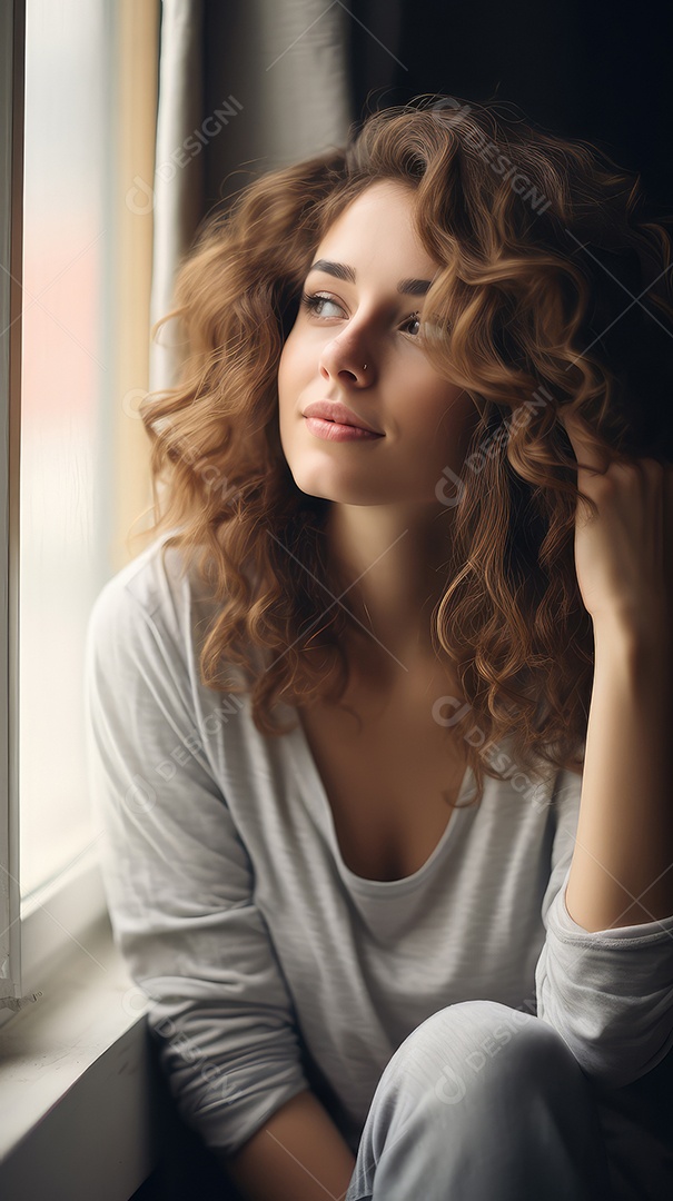 Uma bela jovem sorrindo segurando uma xícara tomando café em uma cafeteria