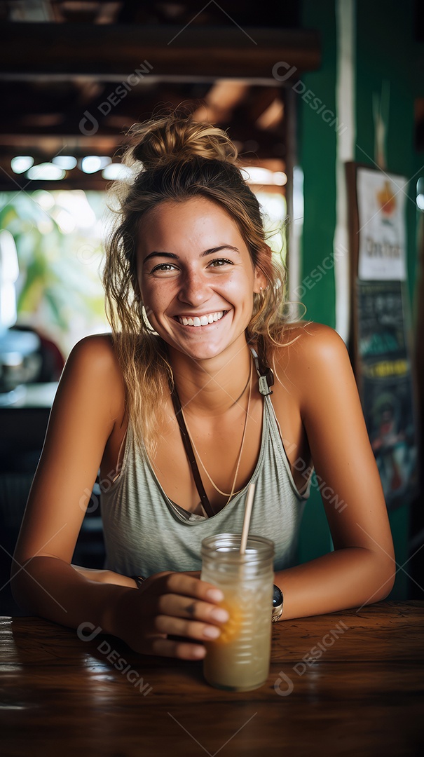 Uma bela jovem sorrindo alegremente sentada em uma cafeteria