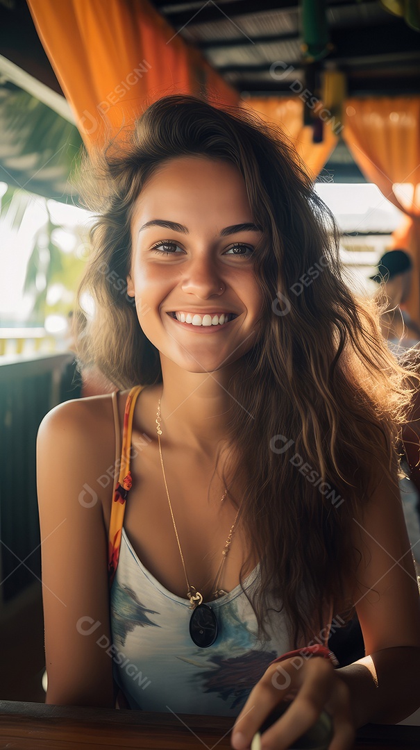 Uma bela jovem sorrindo alegremente sentada em uma cafeteria