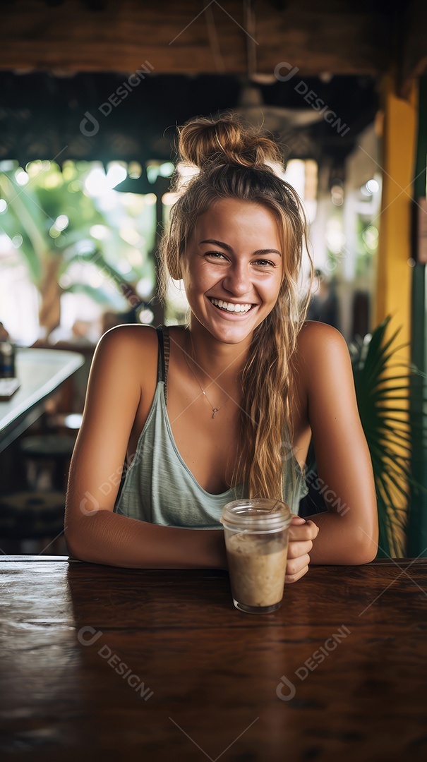 Uma bela jovem sorrindo alegremente sentada em uma cafeteria