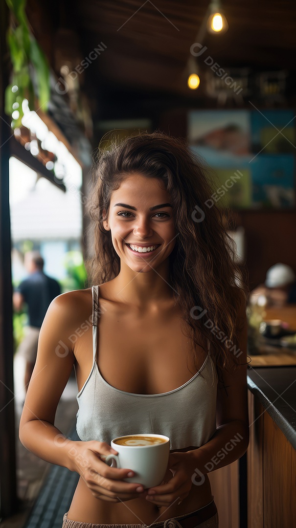 Uma bela jovem sorrindo alegremente sentada em uma cafeteria