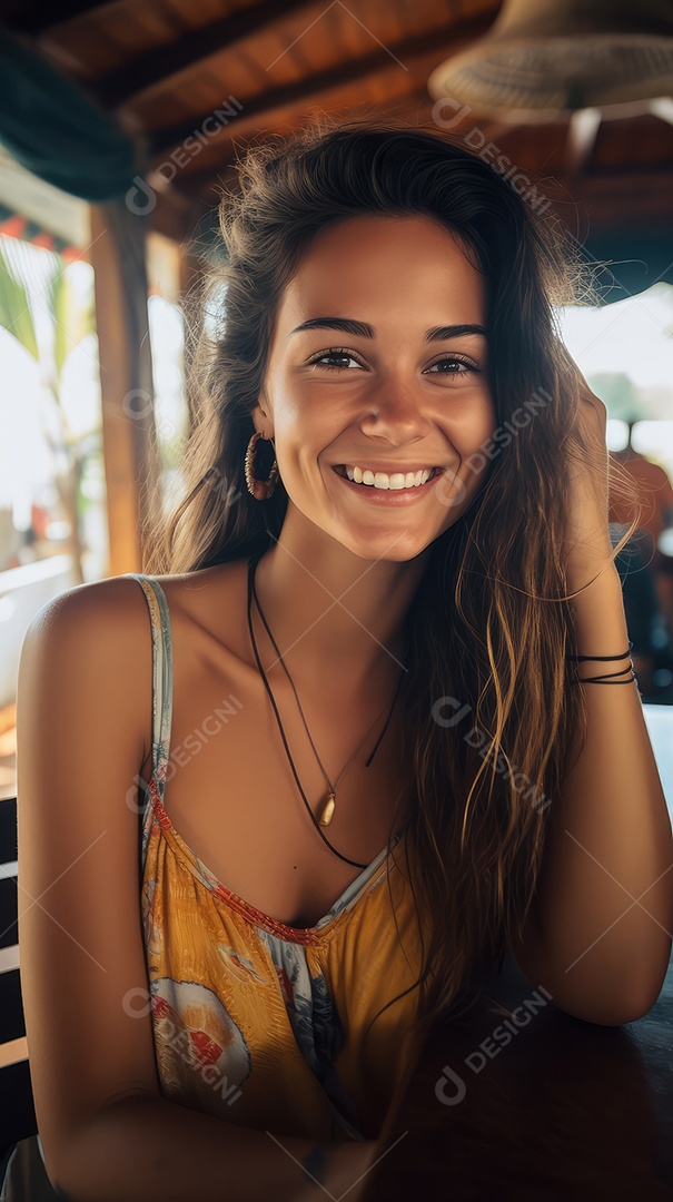 Uma bela jovem sorrindo alegremente sentada em uma cafeteria