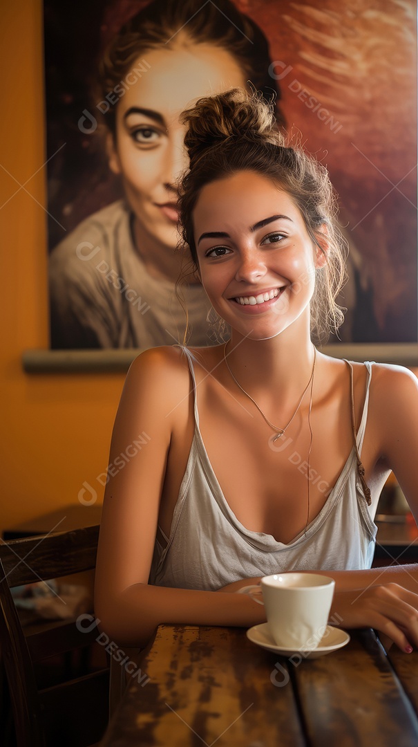 Uma bela jovem sorrindo alegremente sentada em uma cafeteria