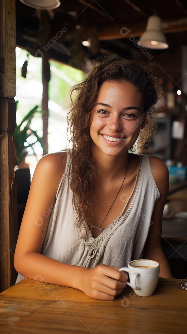 Uma bela jovem sorrindo alegremente sentada em uma cafeteria