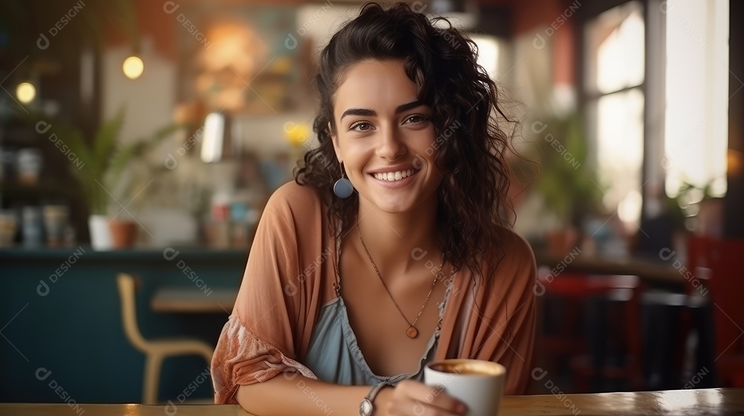 Uma bela jovem sorrindo alegremente sentada em uma cafeteria