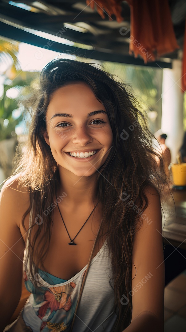Uma bela jovem sorrindo alegremente sentada em uma cafeteria