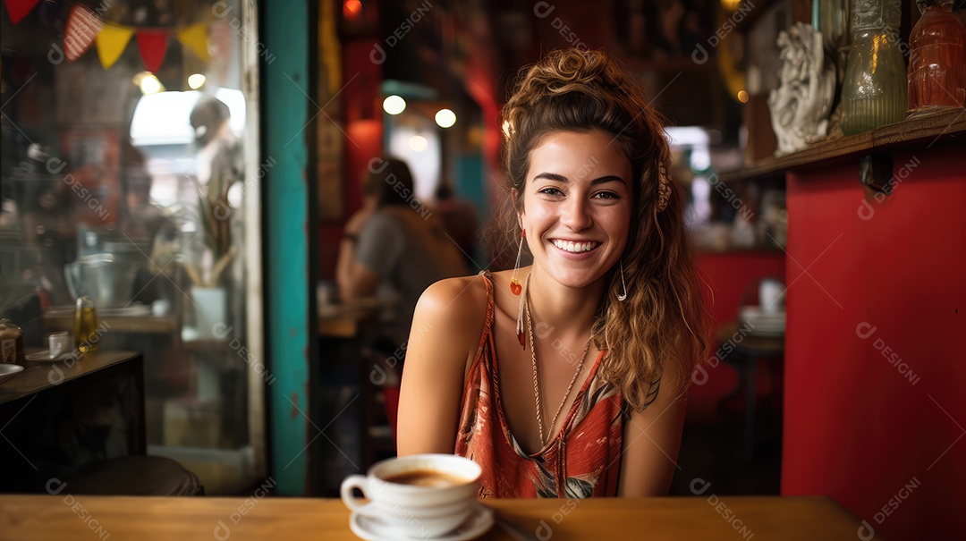 Uma bela jovem sorrindo alegremente sentada em uma cafeteria
