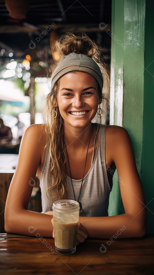 Uma bela jovem sorrindo alegremente sentada em uma cafeteria