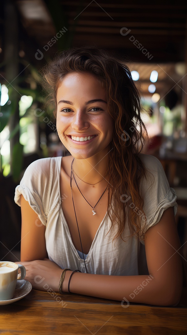 Uma bela jovem sorrindo alegremente sentada em uma cafeteria