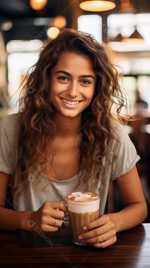 Uma bela jovem sorrindo alegremente sentada em uma cafeteria