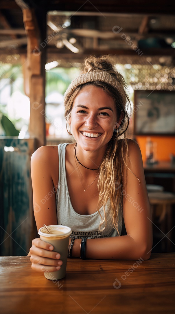 Uma bela jovem sorrindo alegremente sentada em uma cafeteria