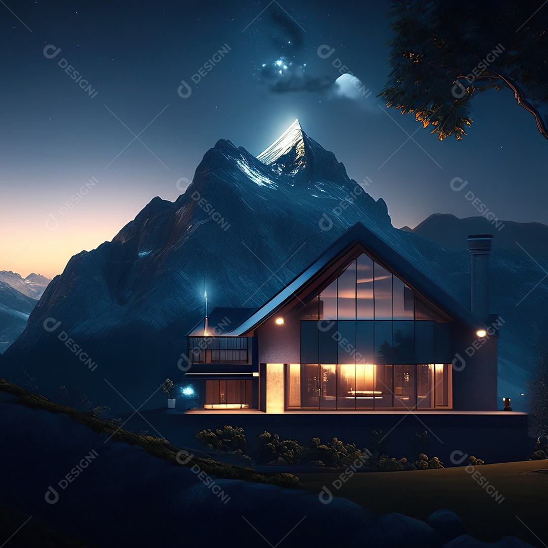 Renderização hiper-realista de uma vila com vista para a montanha