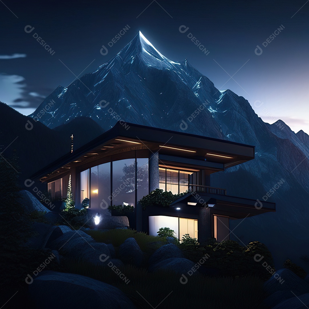 Renderização hiper-realista de uma vila com vista para a montanha