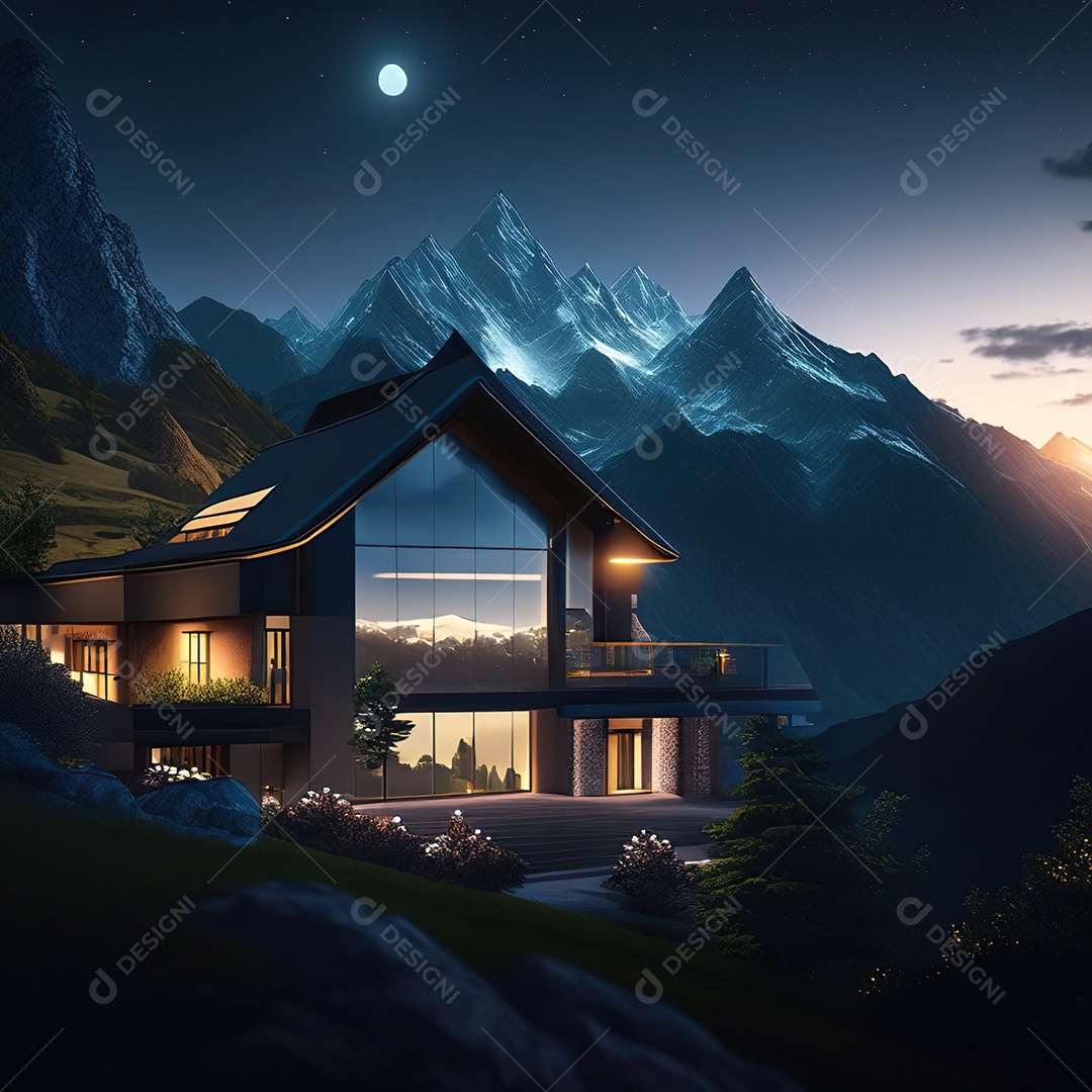 Renderização hiper-realista de uma vila com vista para a montanha