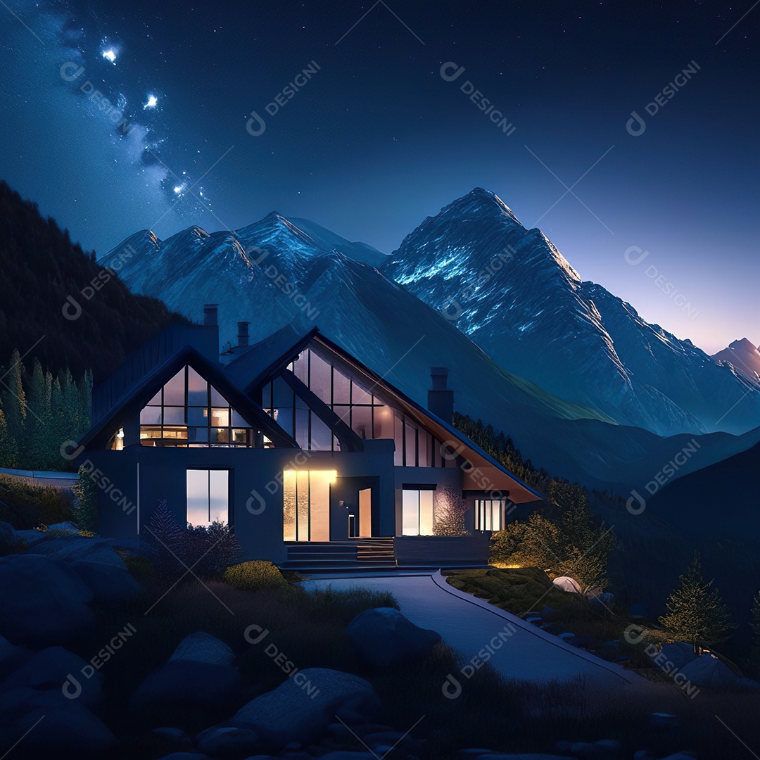 Renderização hiper-realista de uma vila com vista para a montanha