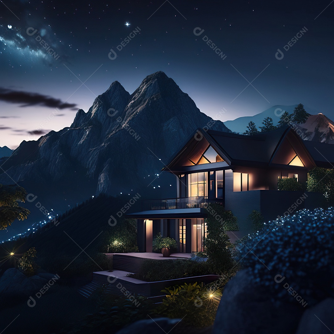 Renderização hiper-realista de uma vila com vista para a montanha