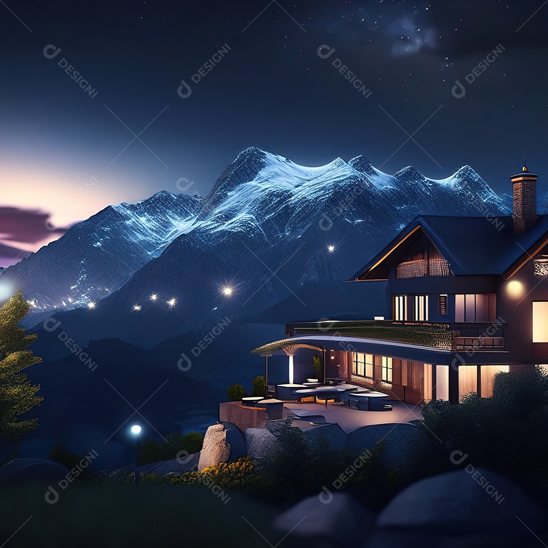 Renderização hiper-realista de uma vila com vista para a montanha