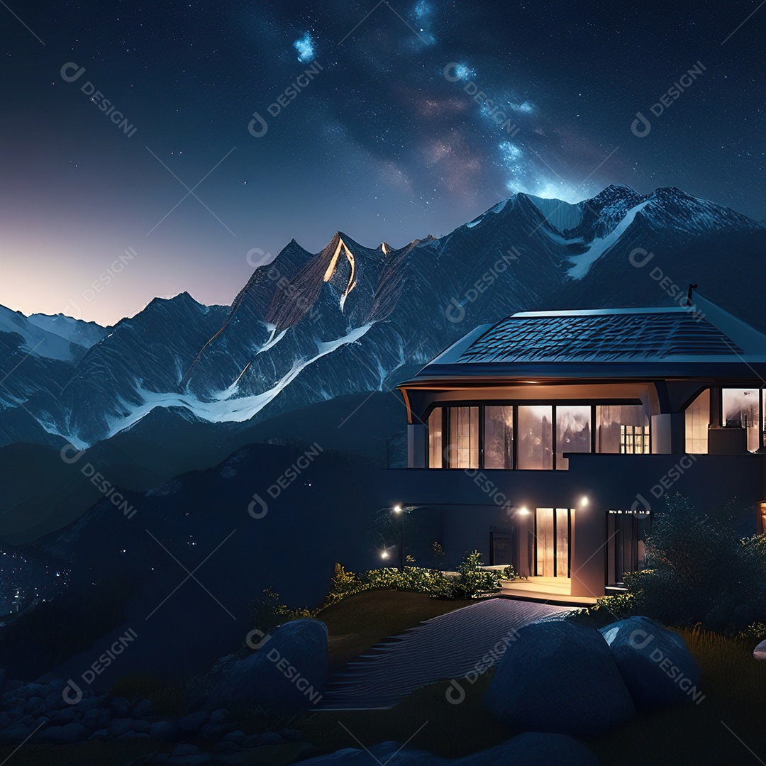 Renderização hiper-realista de uma vila com vista para a montanha