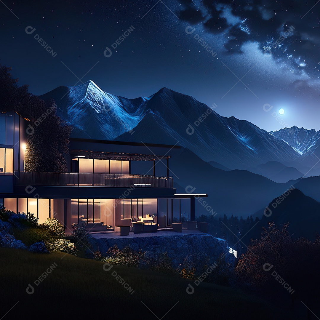 Renderização hiper-realista de uma vila com vista para a montanha