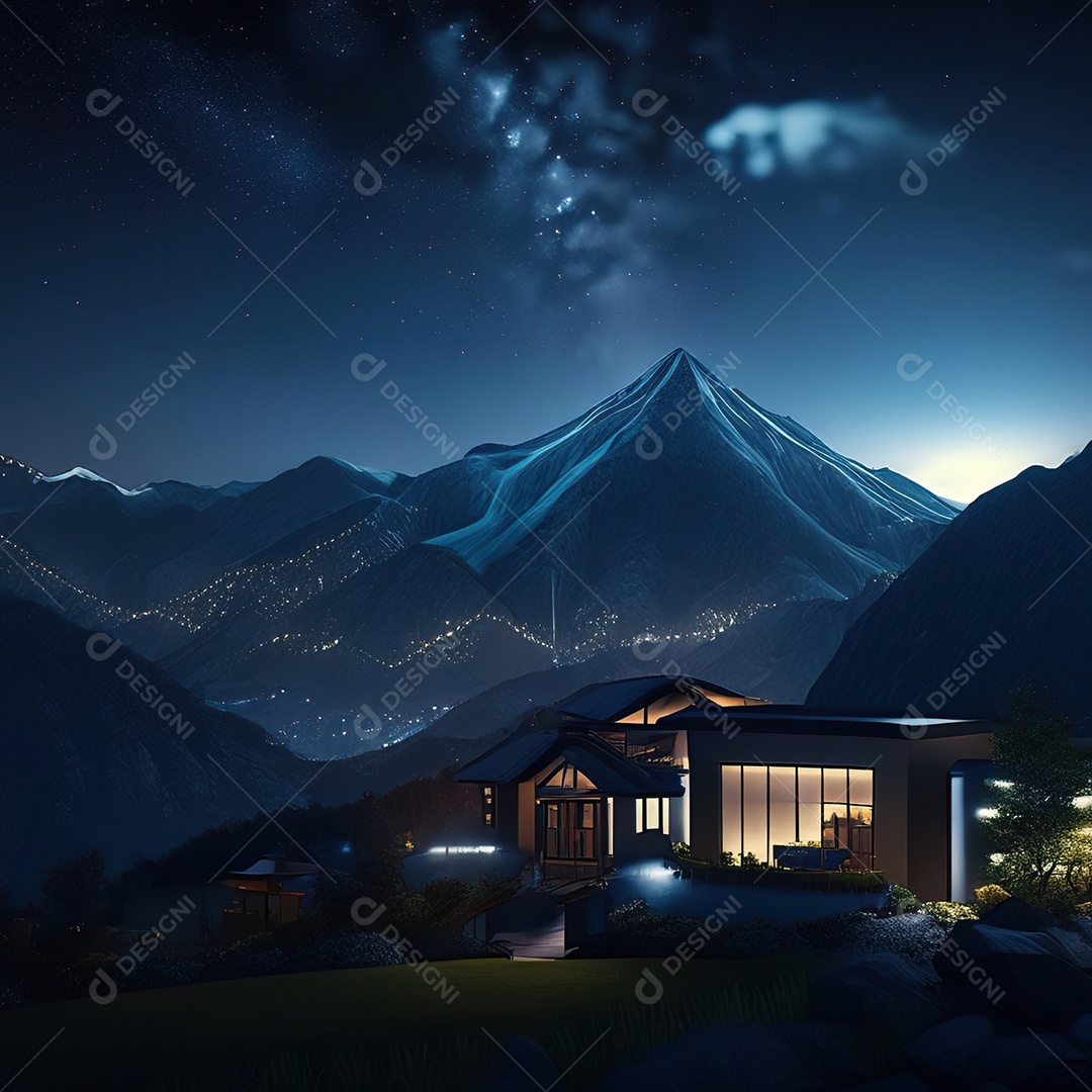 Renderização hiper-realista de uma vila com vista para a montanha