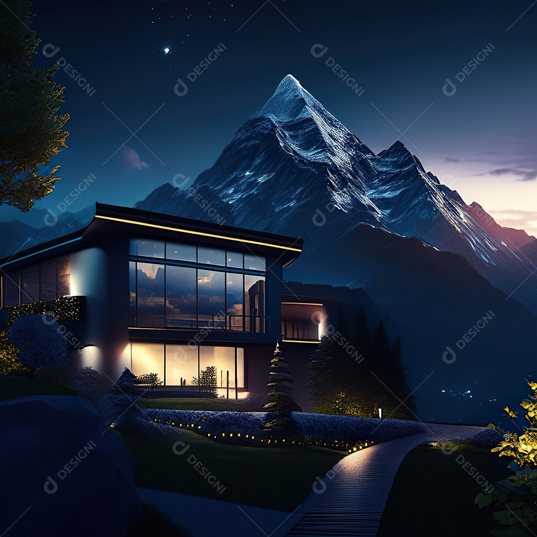 Renderização hiper-realista de uma vila com vista para a montanha