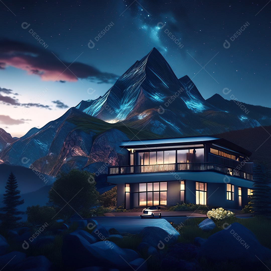 Renderização hiper-realista de uma vila com vista para a montanha