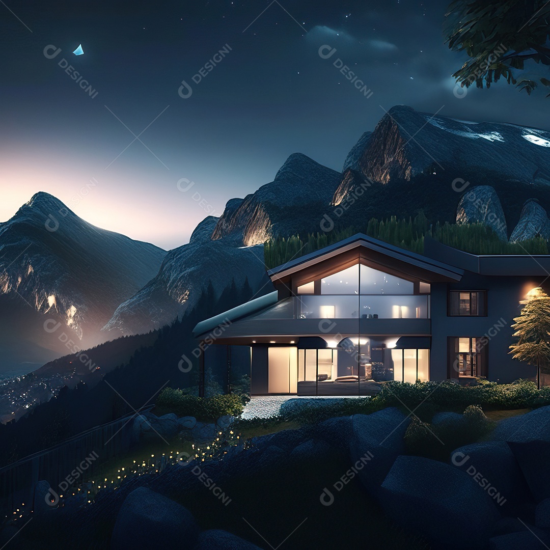 Renderização hiper-realista de uma vila com vista para a montanha