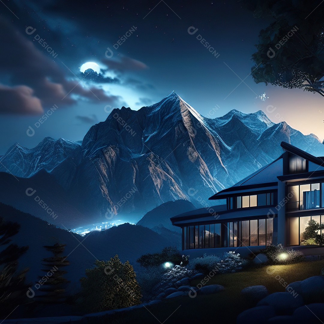 Renderização hiper-realista de uma vila com vista para a montanha