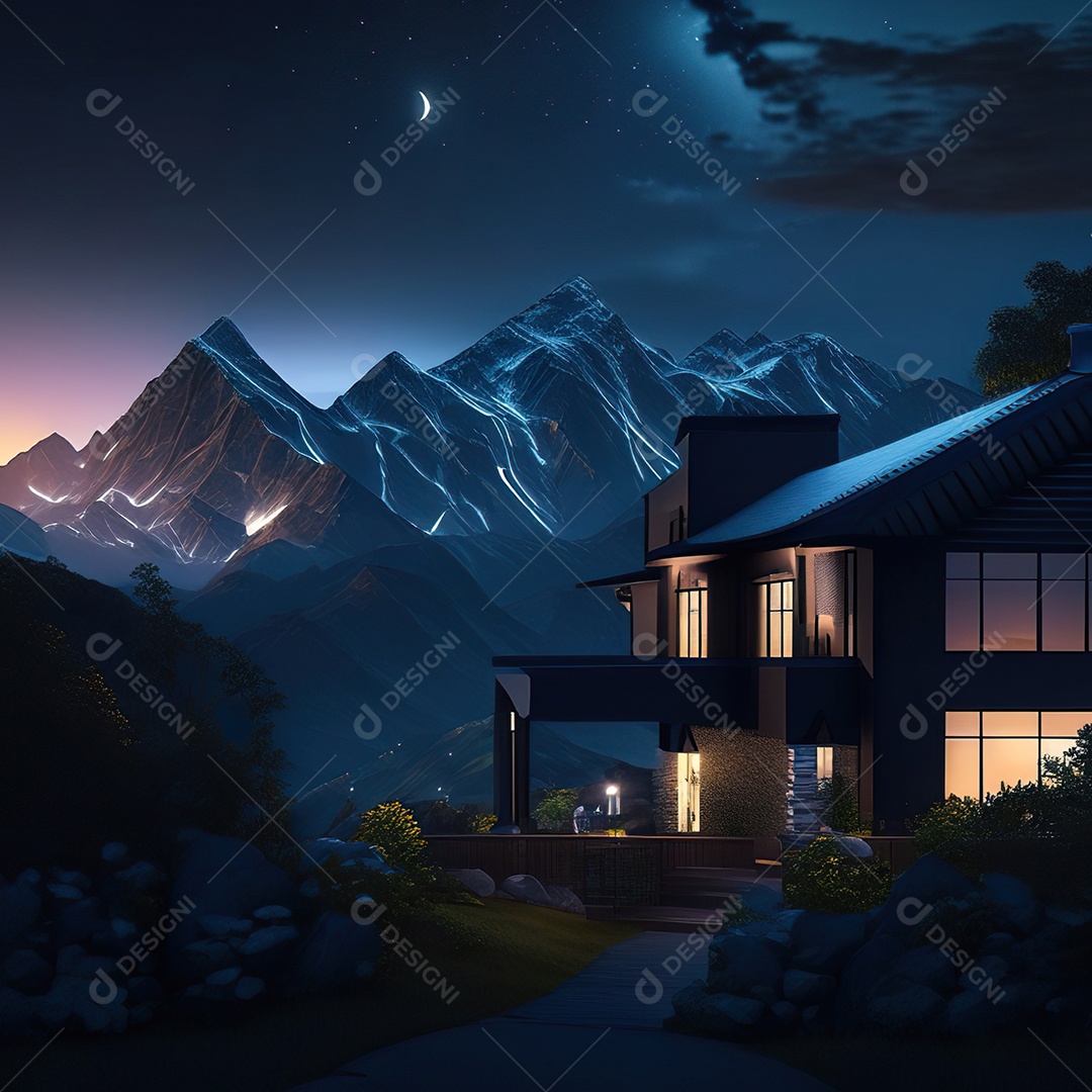 Renderização hiper-realista de uma vila com vista para a montanha