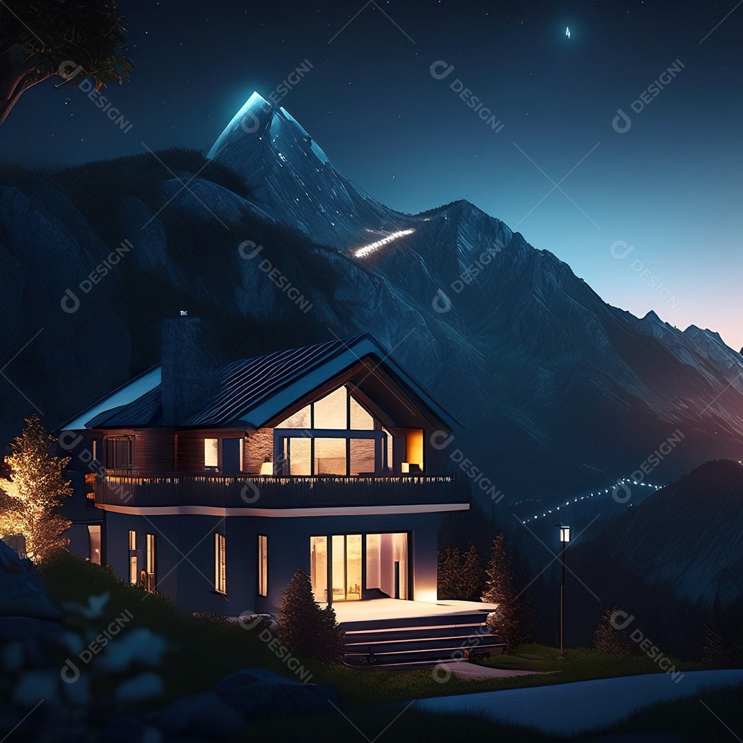 Renderização hiper-realista de uma vila com vista para a montanha