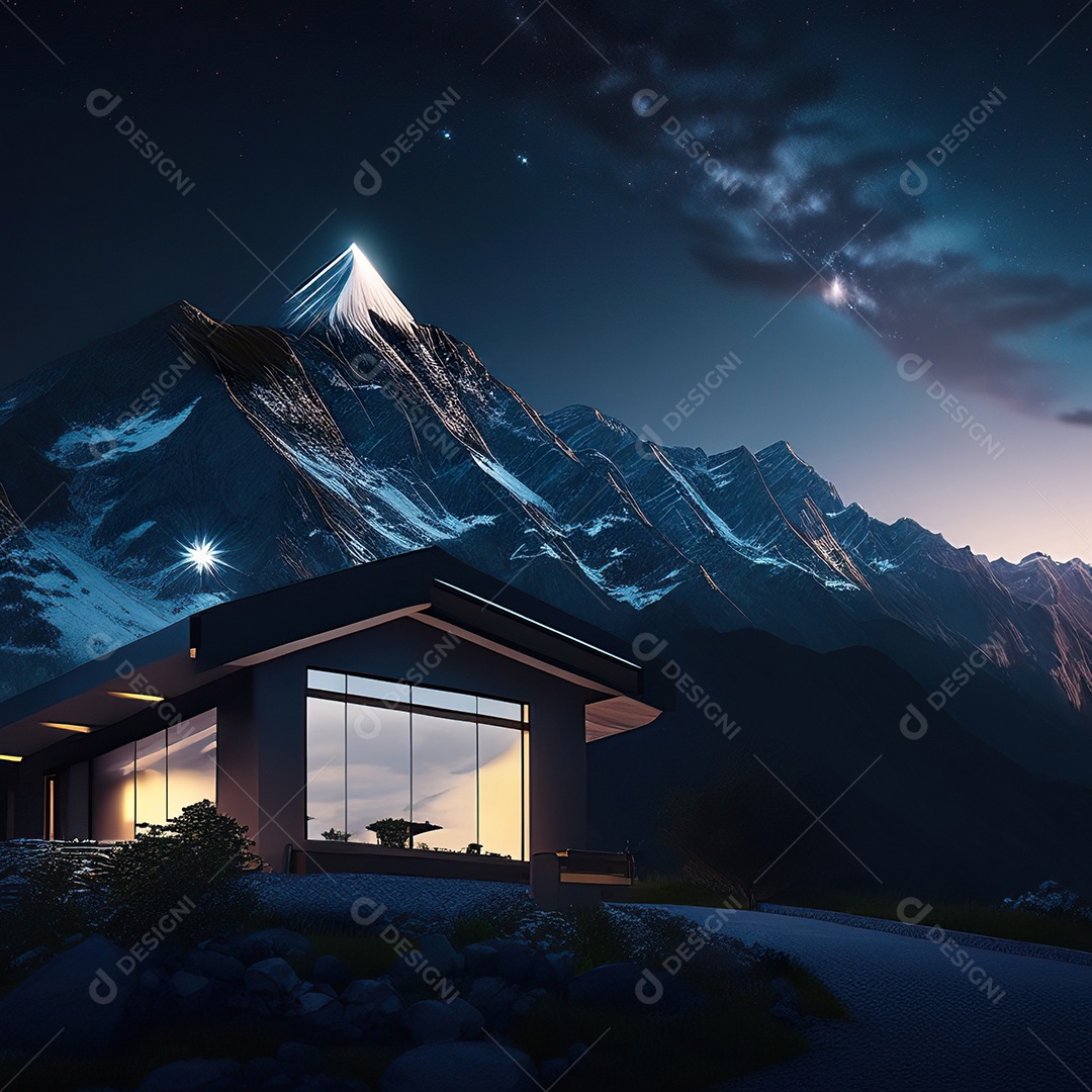 Renderização hiper-realista de uma vila com vista para a montanha