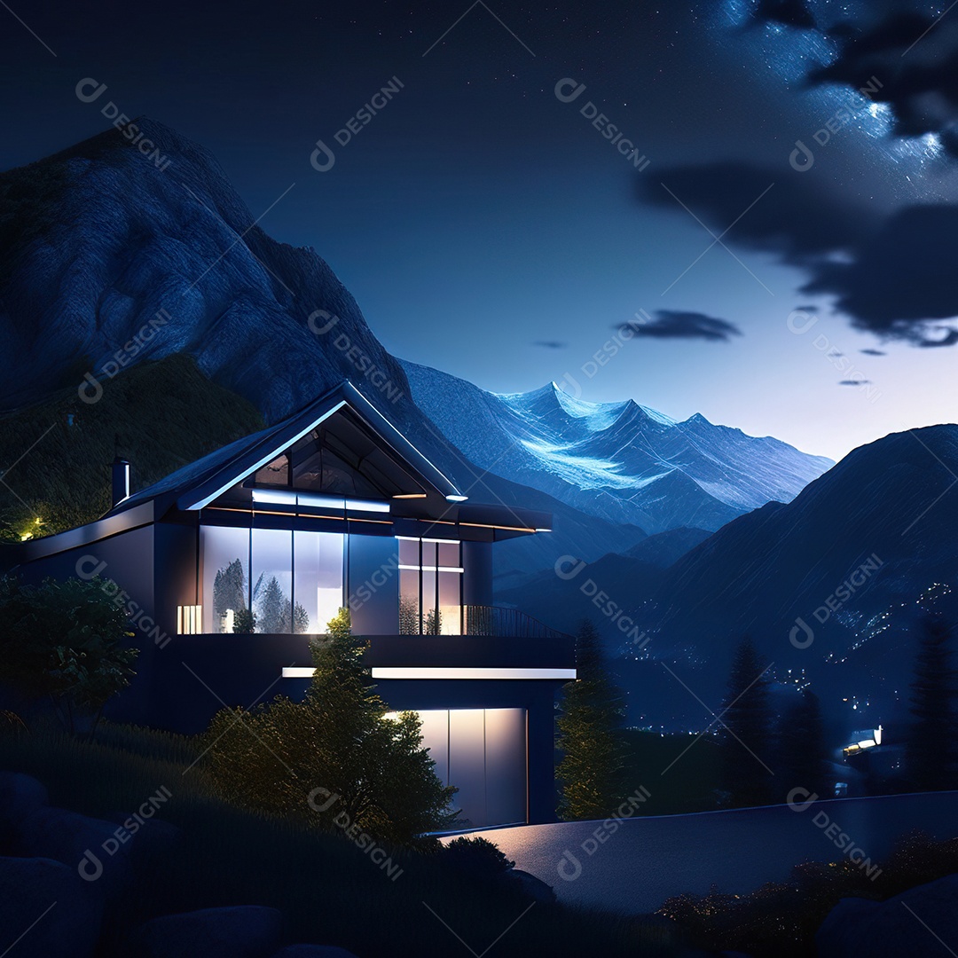 Renderização hiper-realista de uma vila com vista para a montanha