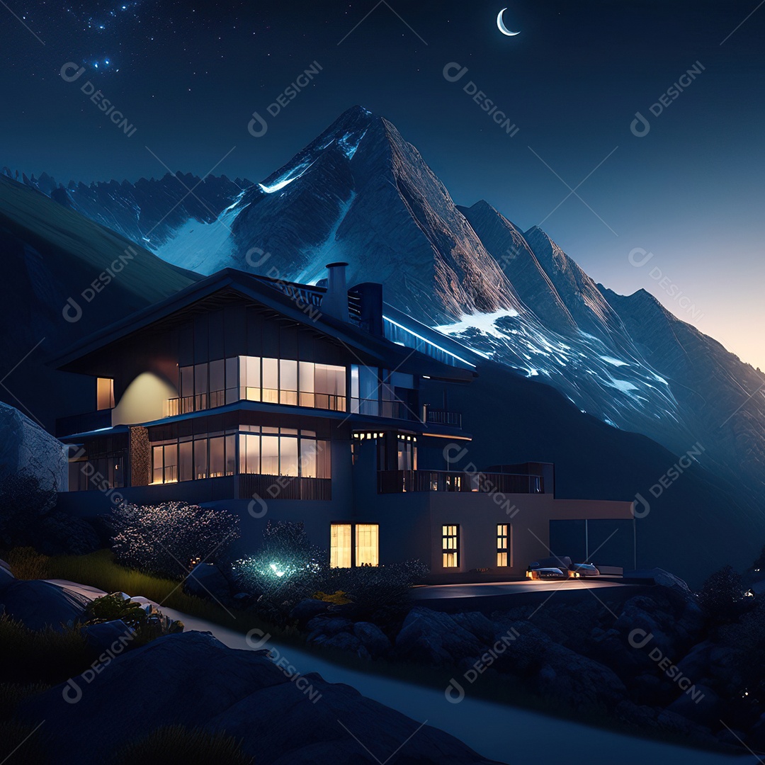 Renderização hiper-realista de uma vila com vista para a montanha