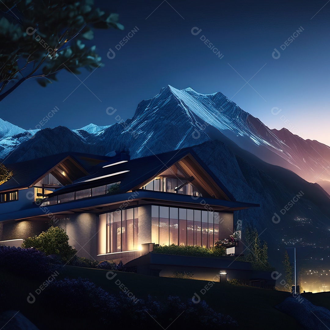 Renderização hiper-realista de uma vila com vista para a montanha