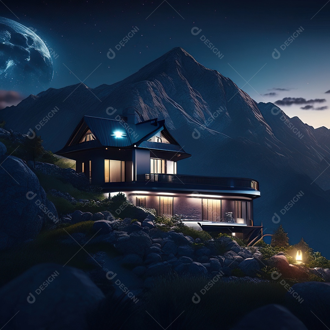 Renderização hiper-realista de uma vila com vista para a montanha