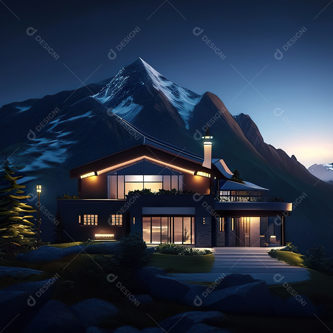 Renderização hiper-realista de uma vila com vista para a montanha