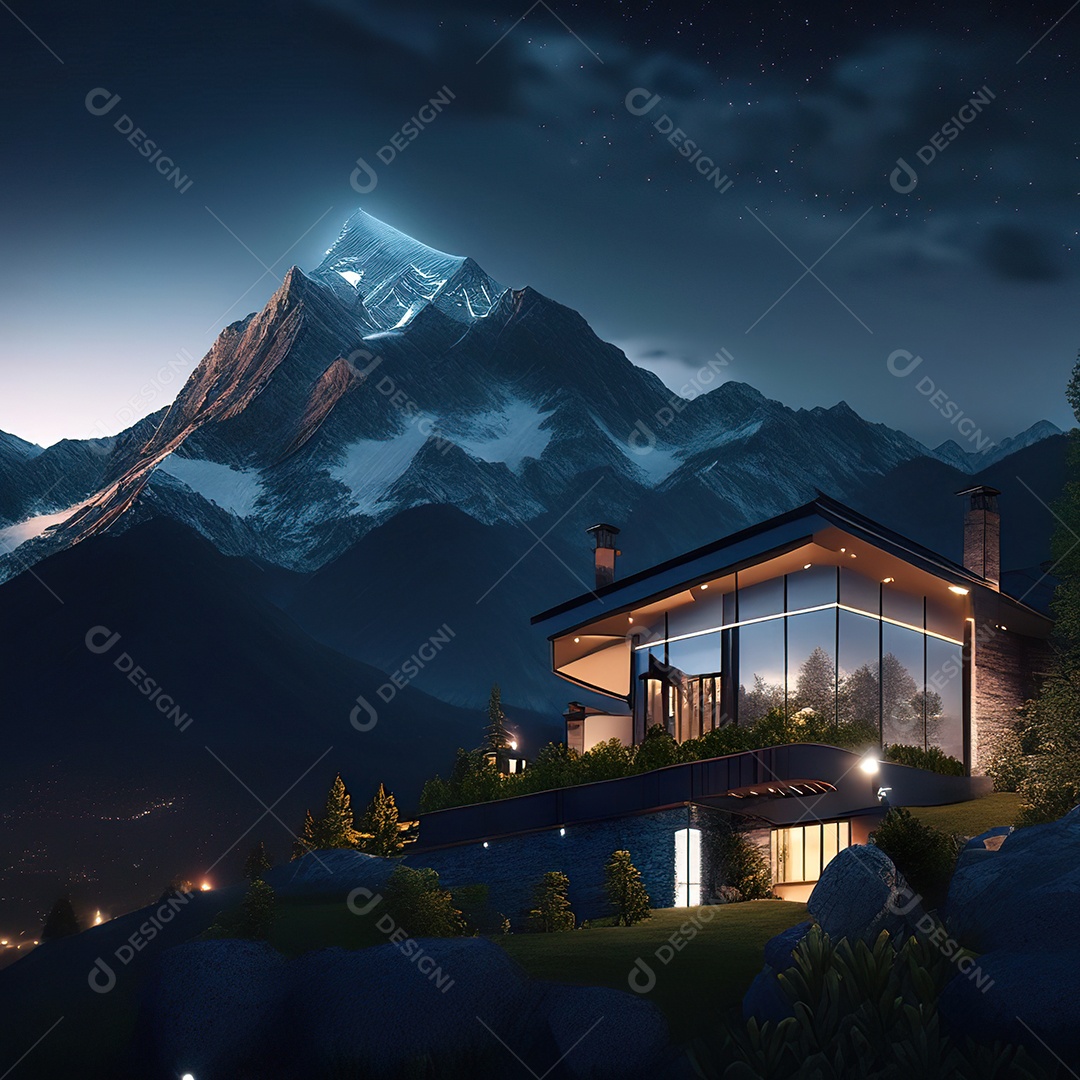 Renderização hiper-realista de uma vila com vista para a montanha