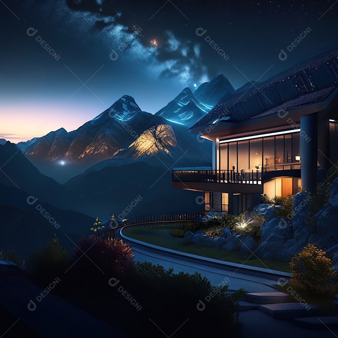 Renderização hiper-realista de uma vila com vista para a montanha