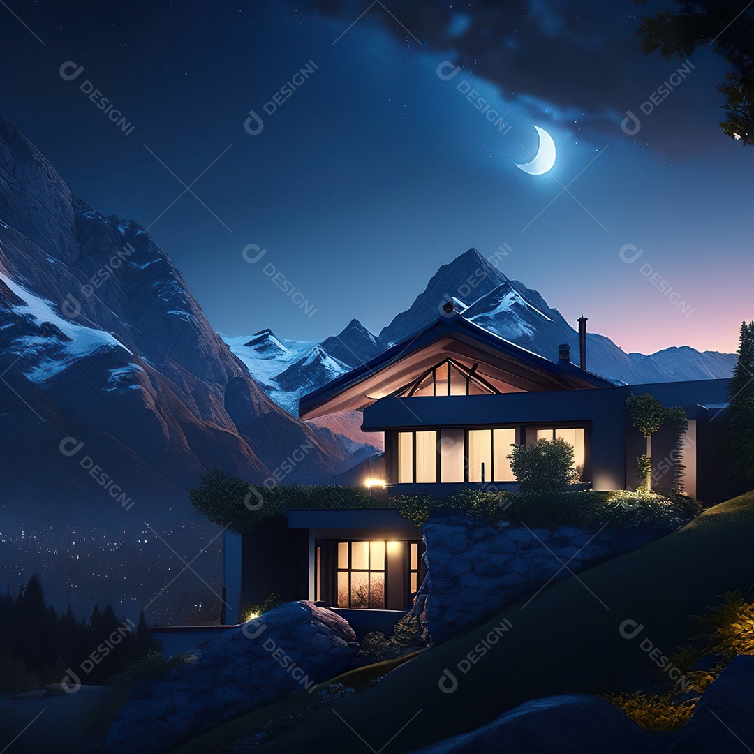 Renderização hiper-realista de uma vila com vista para a montanha