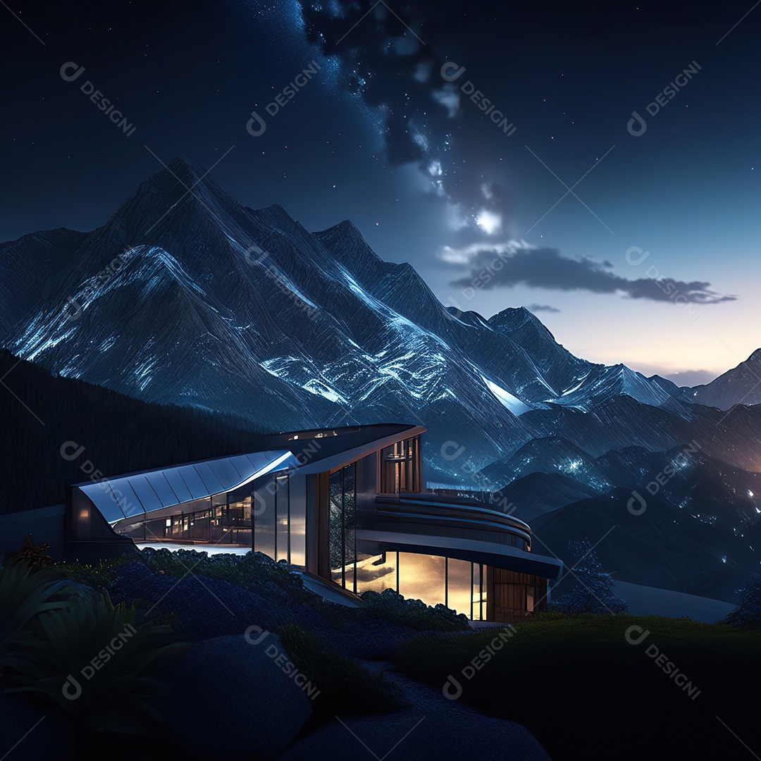 Renderização hiper-realista de uma vila com vista para a montanha